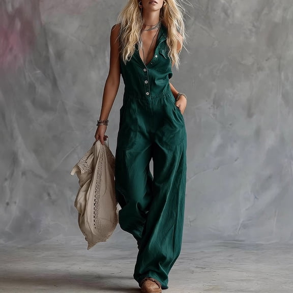 purcolt Summer Casual Linen Jumpsuit for Women Button Down V Neck Sleeveless Wide Leg Romper Vintage Overalls