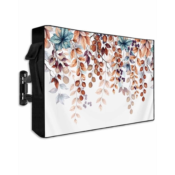 Outdoor TV Cover 48 to 50 Inch Weatherproof, Brown Fall Eucalyptus Leaf Waterproof TV Screen Protector for Outside Decor with Zipper and Pocket 48"L x 30"H , Teal Botanical Floral White