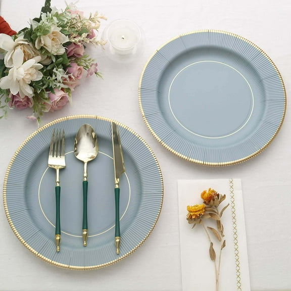 Efavormart 25 Pack | 10" Dusty Blue Gold Rim Sunray Heavy Duty Paper Dinner Plates, Disposable Party Plates - 350 GSM