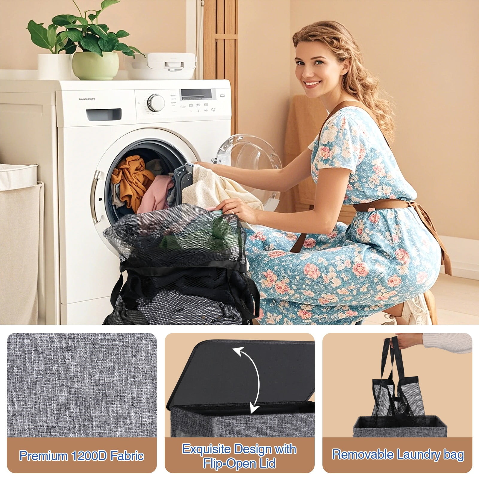 Okaka Collapsible Laundry Hamper with Lid 100L, Tall Laundry Basket with Removable Mesh Bag for Bedroom, Bathroom,Closet, Dorm(Grey)
