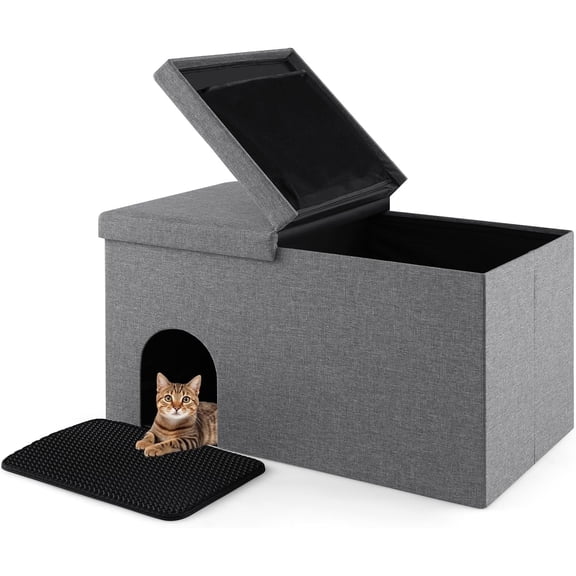 WoofPaw Cat Litter Box Enclosure, Hidden Litter Box Furniture Ottoman with Urine Proof Litter Mat, Flip-up Lid, Dog Proof Cat Washroom Bench Storage Cabinet, Cat Box Enclosure (Grey)