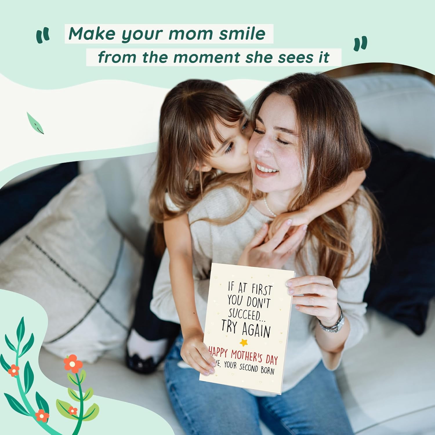 Funny Mothers Day Cards for Mom from Daughter, Son, Kids, Toddler, Second Born Child - Funny If At First You Don't Succeed Mothers Day Card for Mom, Mum, Mother - 5.3''x 8'' Mother's Card