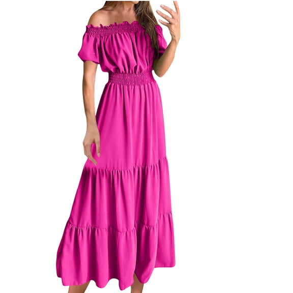 gakvbuo Summer Dress For Women Maxi Dress Peplum Dress Ladies Elegant Summer One-shoulder Solid Color Short Sleeve Elastic Waist Women's Dress