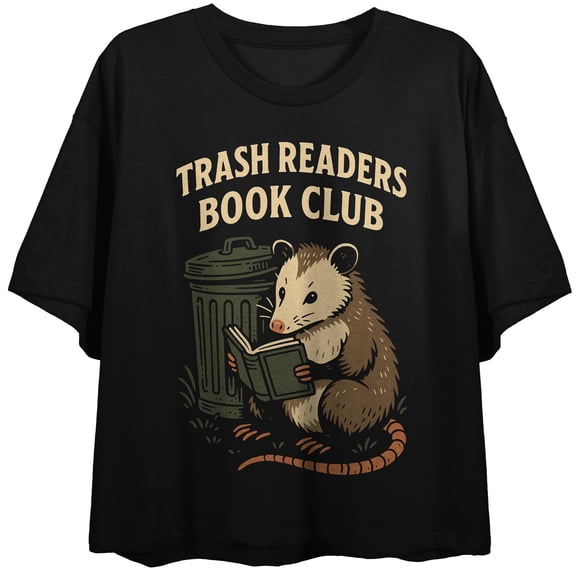Trash Readers Book Club Text, Opossum Reading a Book, Garbage Bin on Black Short Sleeve Adult Crop T-Shirt-XL