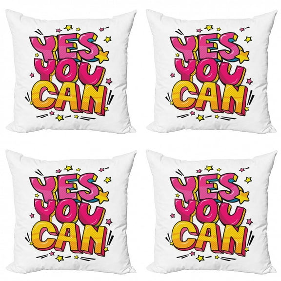 Ambesonne Saying Throw Pillow Cover 4 Pack, Yes You Can Word Bubble, 20", Hot Pink Yellow and Blue