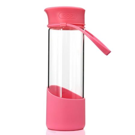 TONOS Secret Smiley Face Cup Happy Motivational Drinking Borosilicate Glass Water Bottle with Silicone Sleeve Cover & Handle Twist Screw Lid - 17 oz in Pink, Blue, and