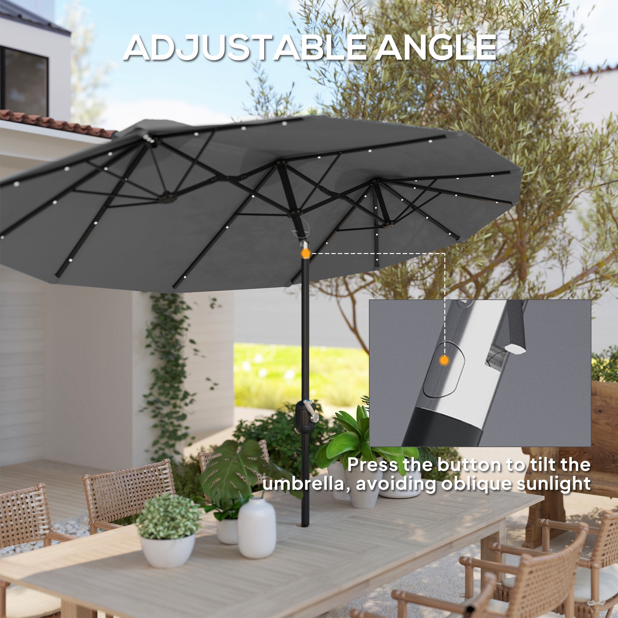 Outsunny 9.7' Double-sided Patio Umbrella with LED Solar Light, Tilt and Crank, Outdoor Umbrella, Gray
