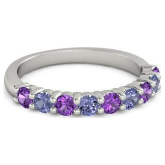 925 Sterling Silver Round 2.50 MM Amethyst Tanzanite Half Eternity Women Stackable Ring Size US- 4