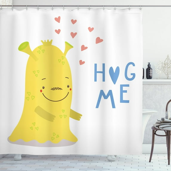 Hug Shower Curtain, Cartoonish Design Alien Monster with Hug Me Print, Fabric Bathroom Set with Hooks, 69W X 75L Inches Long, Deep Sky Blue Coral Mustard Yellow Green, by Ambesonne