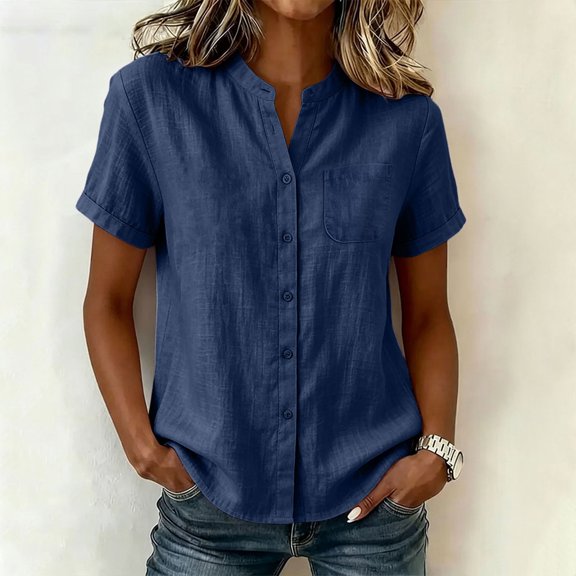 Cowsor Womens Mandarin Collar Cotton Linen Button Down Shirt Short Sleeve Split V Neck Loose Fit Casual Blouse with Chest Pocket Lightweight Breathable Daily Wear Summer Spring Basic Tops