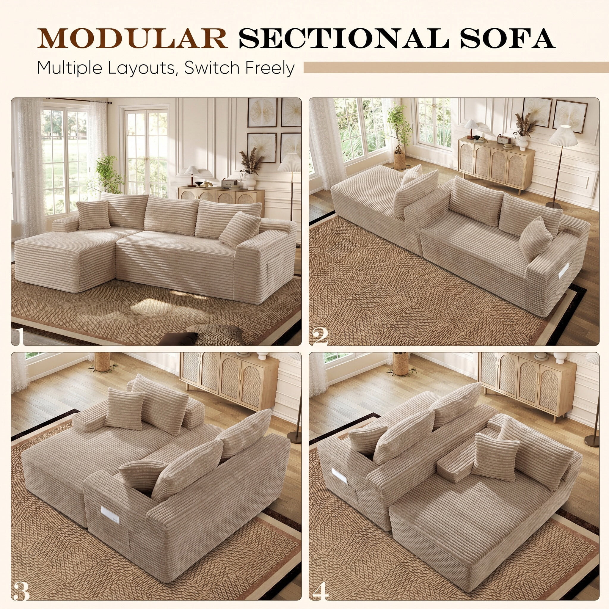 Lunale Small Modular Sectional Sofa with Movable Chaise, L-Shaped Boneless Cloud Couch for Living Room, Camel (Left Facing Chaise)