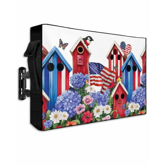 American Flag Outdoor TV Cover 70 to 75 Inch Weatherproof, Spring Garden Floral Birds House 600D Oxford TV Covers with Waterproof Zipper, Outside Flat TV Screen Protector Size 68"W x 42"H x 4.5"D