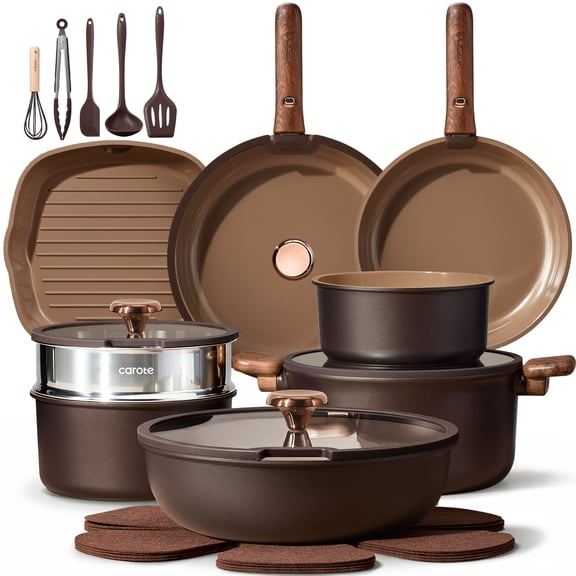 CAROTE 24Pcs Ceramic Cookware Set with Detachable Handle, Non-Toxic Pots and Pans Set Nonstick, Dishwasher/Oven Safe Non Stick Pot and Pan, Kitchen, Camping Use Cooking Set, All Stoves Compatible