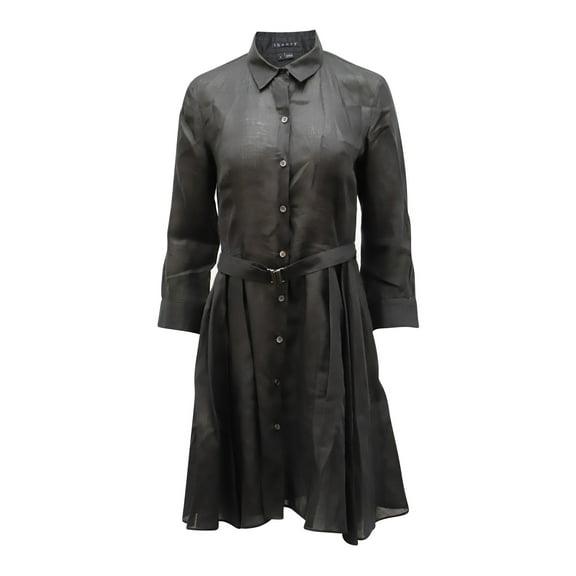 Pre-Owned Theory Belted Shirt Dress in Black Linen