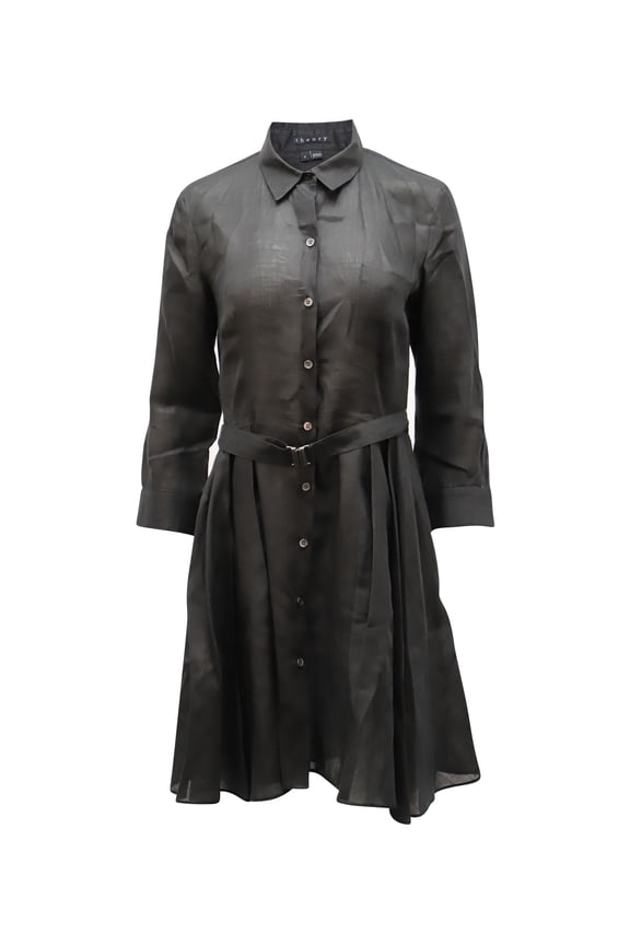Pre-Owned Theory Belted Shirt Dress in Black Linen