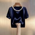 thumbnail image 3 of Krdevn Women Satin Pearl Collar Blouse, Short Puff Sleeve Solid Elegant Slim Fit Shirt for Office Work,Dark Blue, 3 of 5