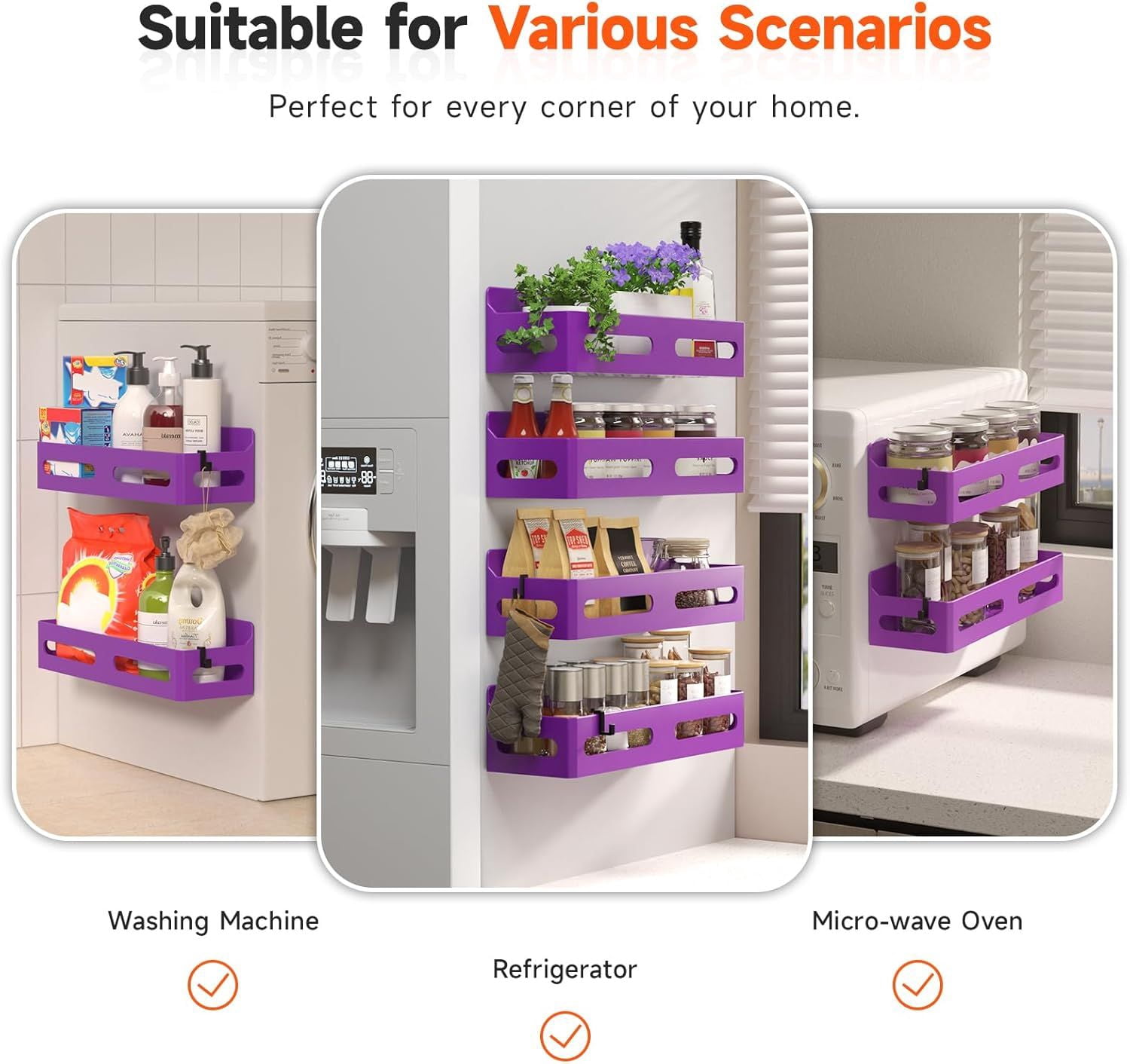 4 Pack Magnetic Spice Rack for Refrigerator Multipurpose Fridge Shelf with 4 Hooks Purple for Kitchen Bathroom Storage