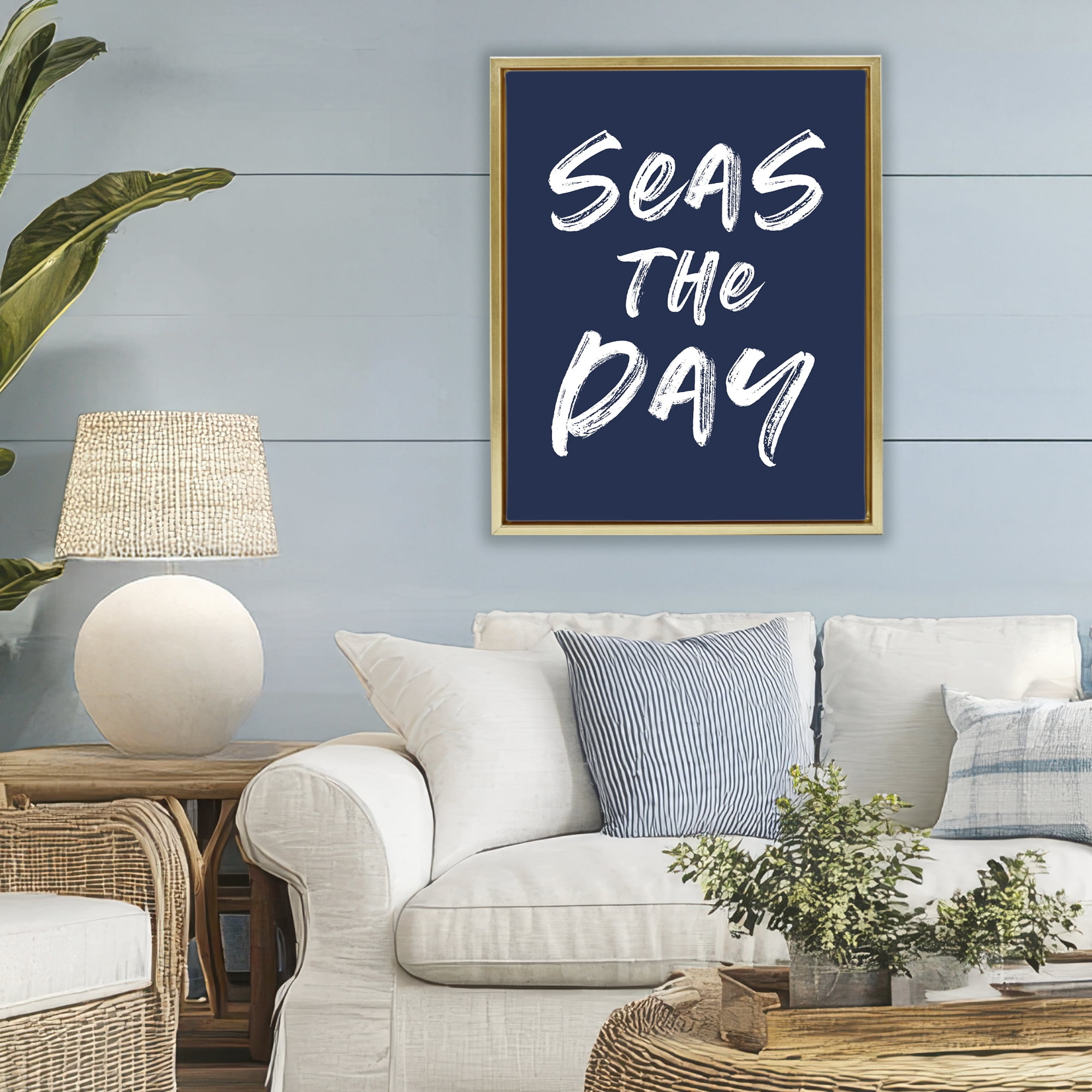 Seas The Day Sentiment Gold Framed Floater Canvas Wall Art, design by Lettered and Lined
