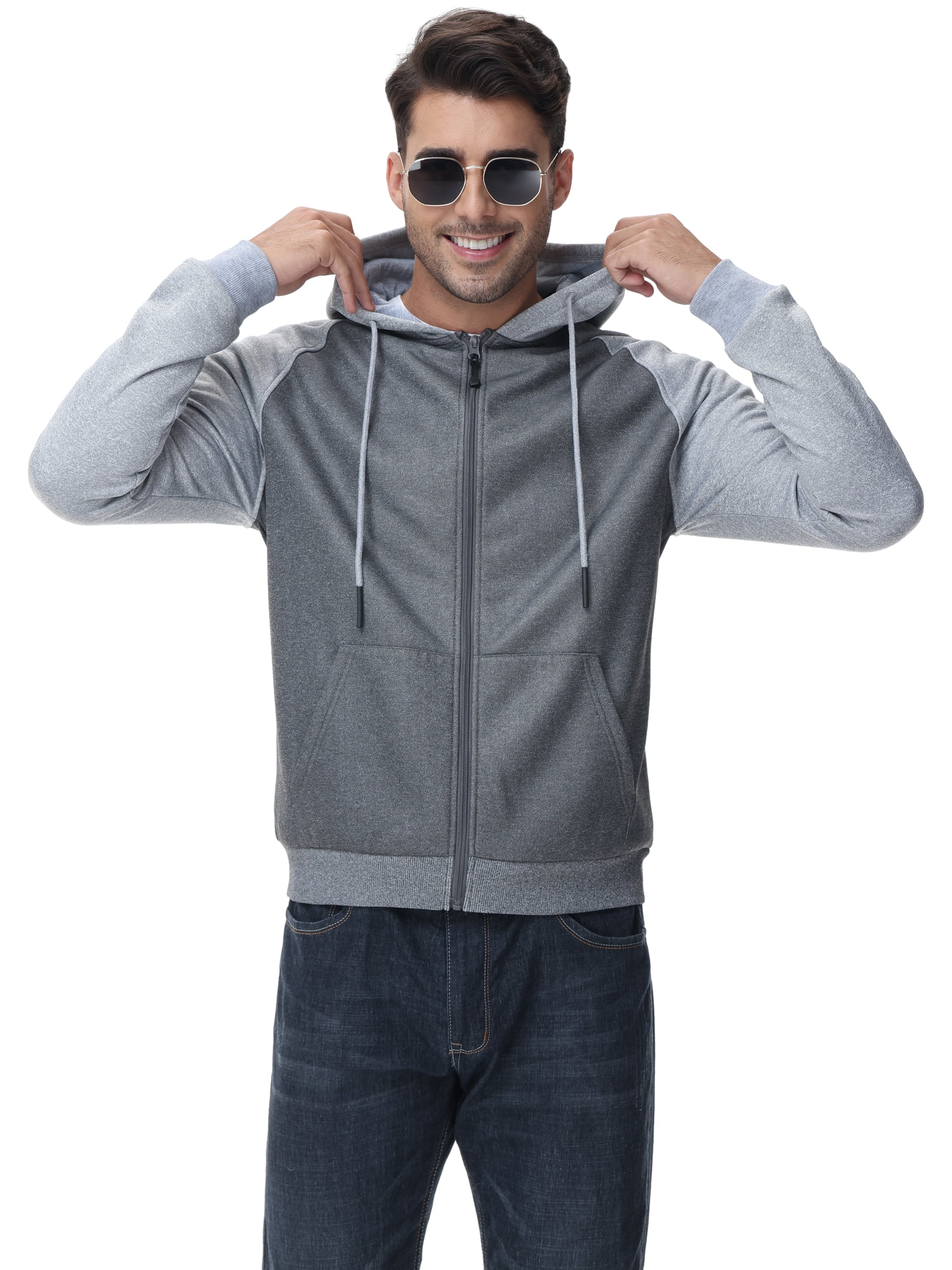 Weilanxin Men's Color Block Pullover Fleece Hoodie Casual Hooded Sweatshirts Tops Full Zip Jacket with Pocket Athletic Hoodies For Men Light Grey Contrast Dark Grey M