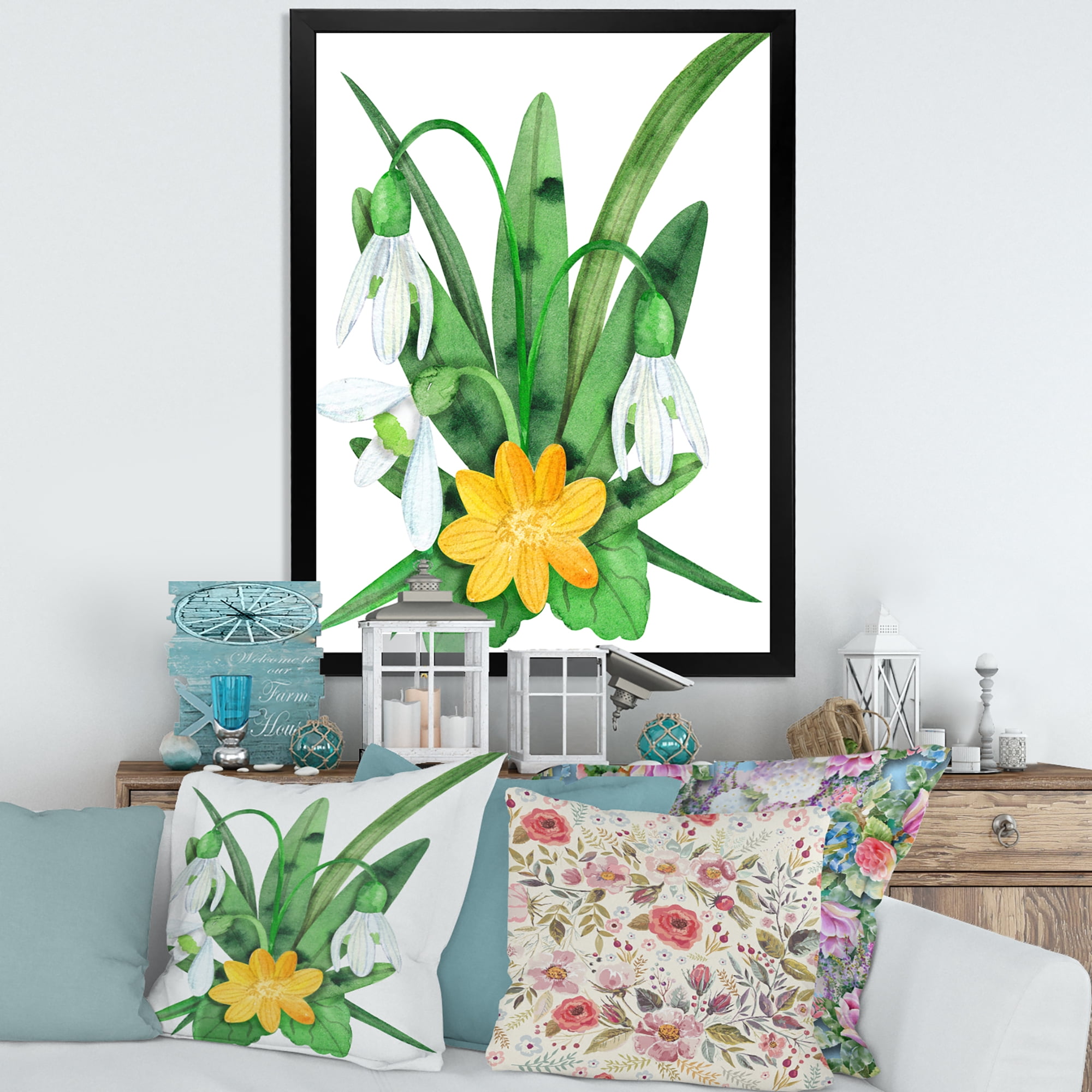 Designart 'Snowdrops and Yellow Erantis VIntage Flowers' Traditional Framed Art Print