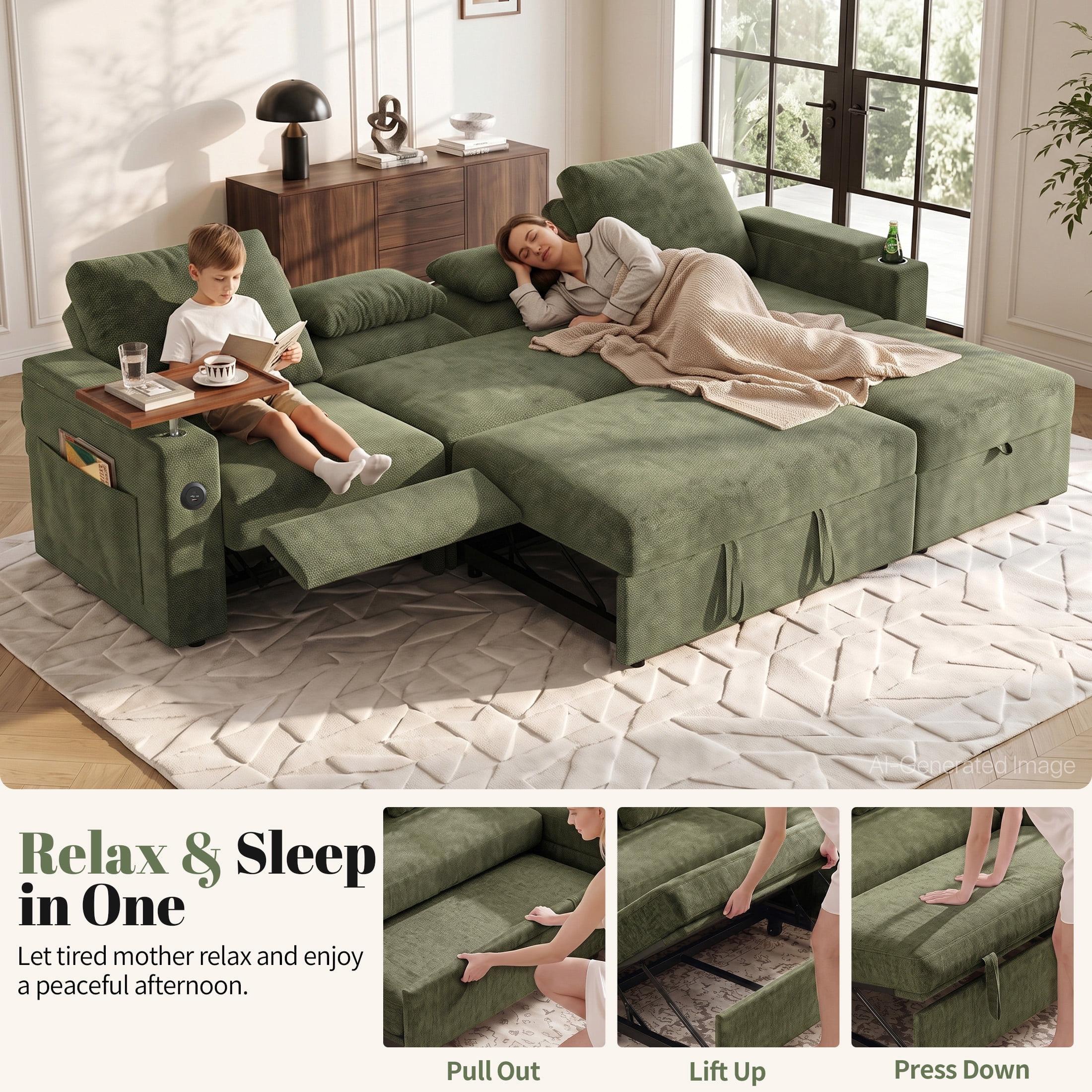 Aenkyo 108" L-Shaped Sectional Sleeper Sofa with Pull Out Bed, Recliner and Storage Chaise, Green