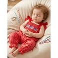 thumbnail image 4 of BemeyourBBs Newborn Baby Girl 4th of July Outfit Baby Girls Independent Day Clothes Smocked Plaid Rompers Patriot USA Flag Embroidery Straps Tie-Up Shoulder Sleeveless Bodysuit Jumpsuit Playsuit, 4 of 9