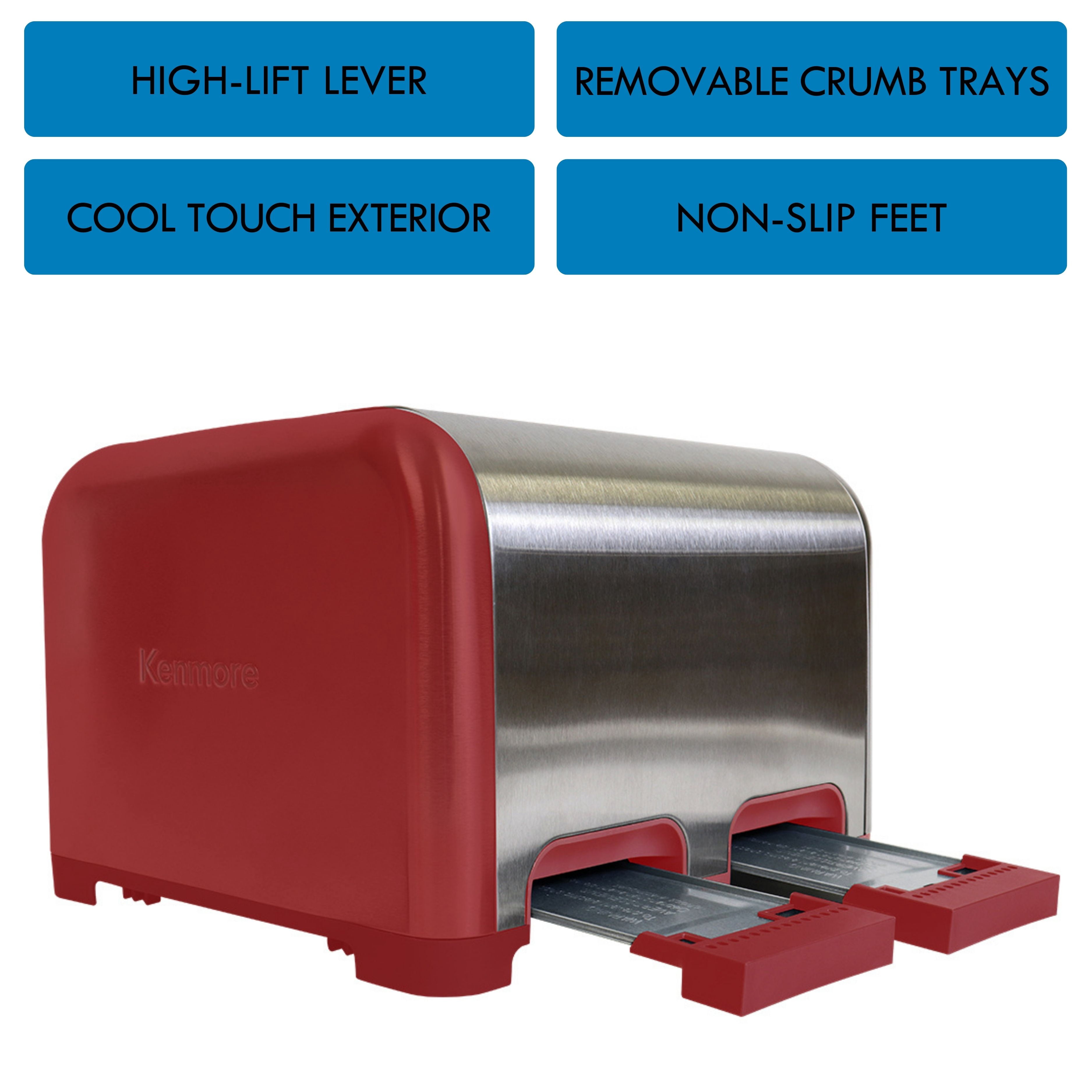 Kenmore 4-Slice Stainless Steel Toaster, Dual Controls, Extra Wide Slots, 9 Browning Levels- Red & Silver