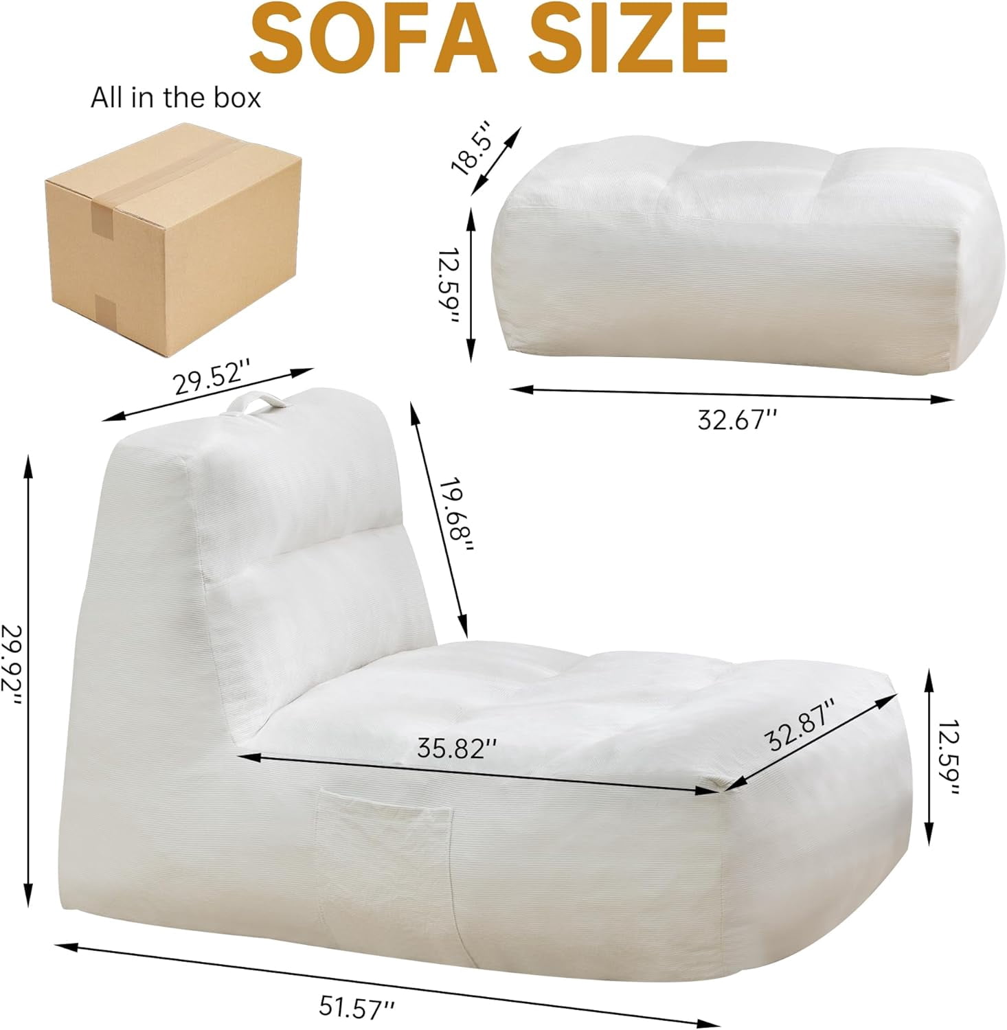 LinkRomat Giant Bean Bag Chair with Ottoman for Adults, Oversized Corduroy Memory Foam Beanbag Chair with Filler Included, Comfy Lounge & Gaming Chair for Living Room and Bedroom