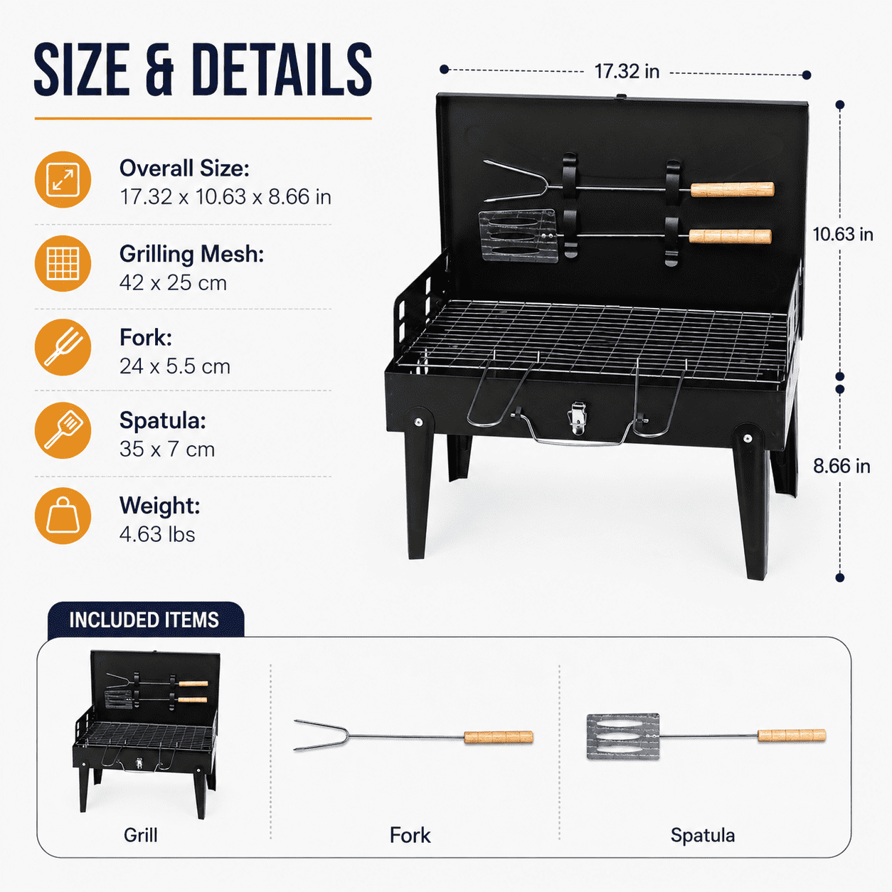 Alvantor Portable Square Charcoal Grill with Lid and Foldable Legs Black 17.3 x 10.6 in