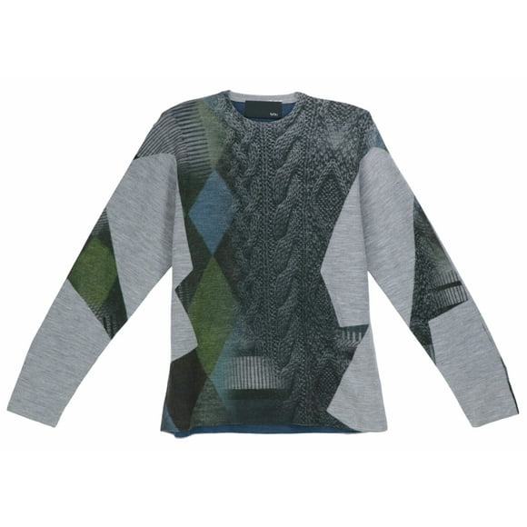 Tetsu Men's Grey Cable Print Argyle Knit Wool Sweater Pullover - M