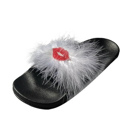 

Slippers For Women Fashion Spring And Summer Ladies Slippers Thick Bottom Flat Plush Red Lip Decoration Rhinestones