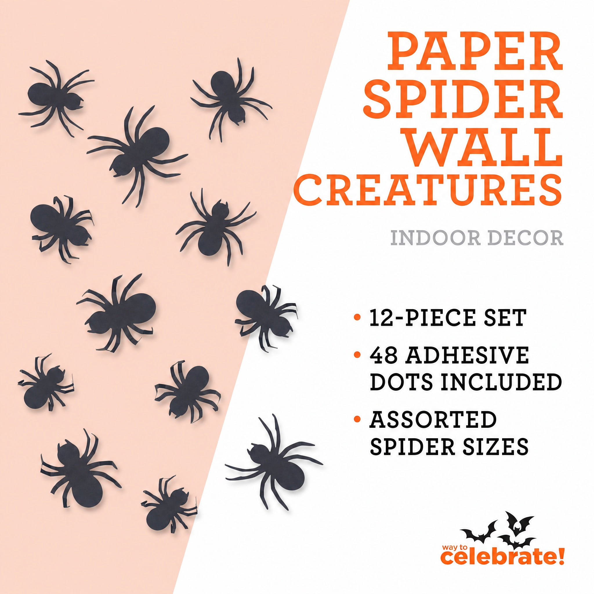 Paper Spider Wall Creatures Decoration, Black, 12 Pieces, Halloween by Way To Celebrate