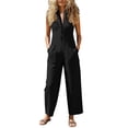 thumbnail image 3 of Women's Casual Linen Jumpsuit Pants, Cotton Solid Color Button Pocket, Elastic Waist Straight Leg, Loose Fit Trousers for Women, Business Casual Lounge Summer, Lightweight Soft, 3 of 8