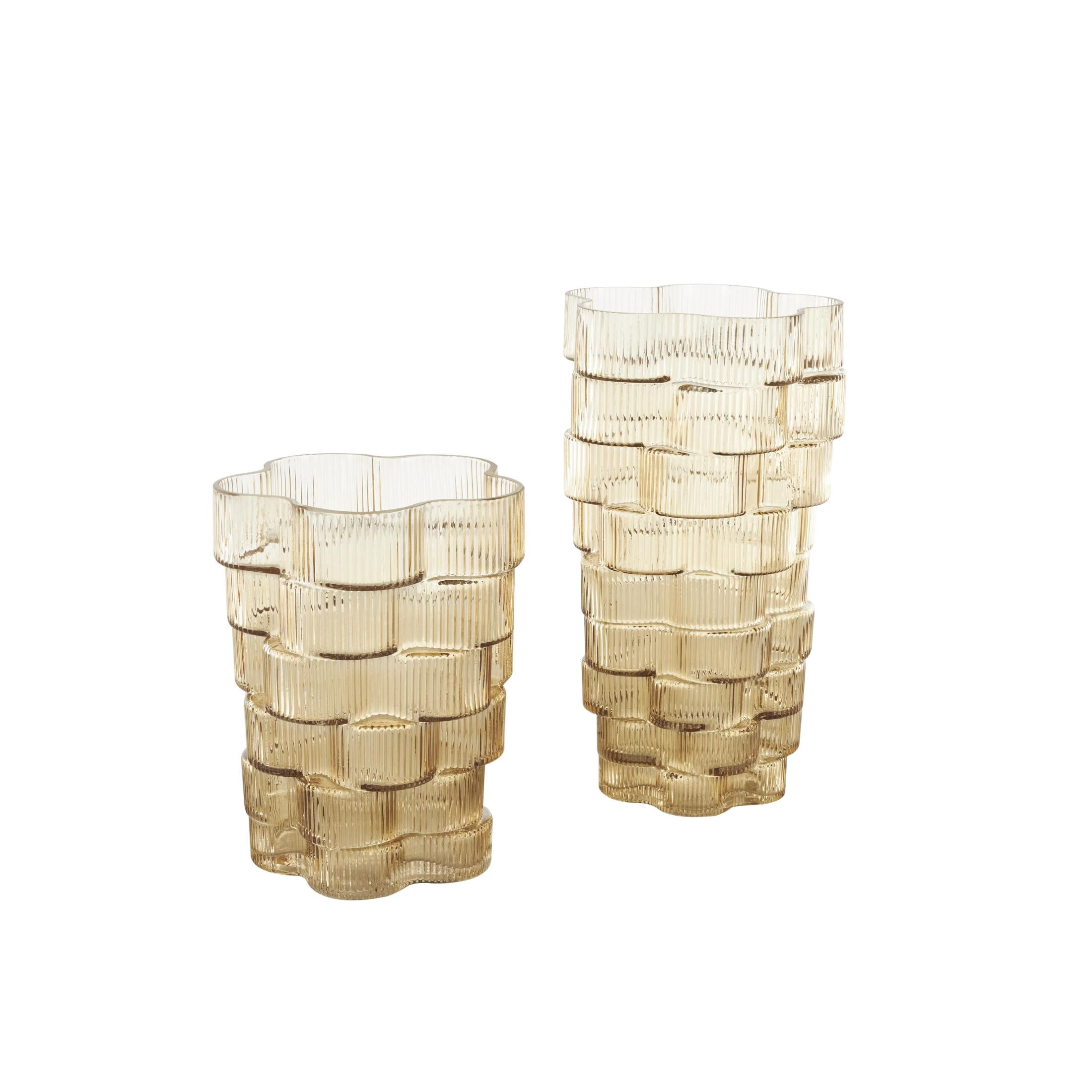 DecMode 12", 9"H Floral Ribbed Stacked Brown Glass Vase, Set of 2