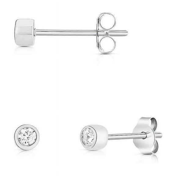 14k Solid White Gold Round Tiny Studs With Solitaire Small 2mm Cubic Zirconia Bezel Setting Earrings White Gold