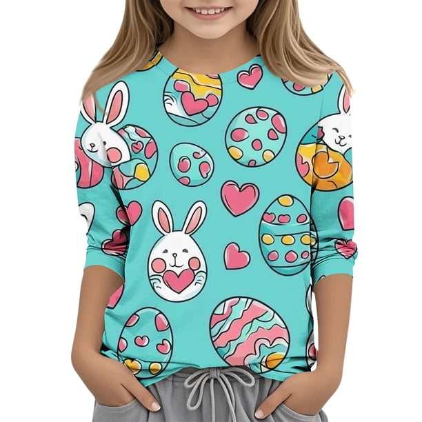 Blusas y camisas de cuello redondo y manga larga para niños, blusas/camisas de poliéster con estampado de corazones, mangas 3/4 y cuello redondo, elegantes e informales.