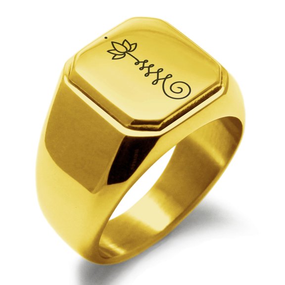 Stainless Steel Sacred Lotus Unalome Engraved Square Flat Top Biker Style Polished Signet Ring