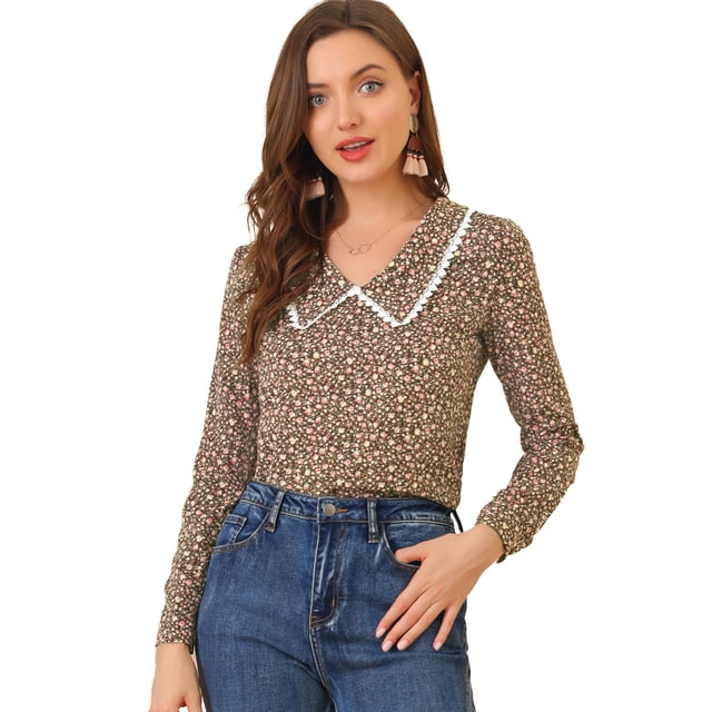 Blusa de manga larga con cuello en V floral vintage Allegra K marrón S