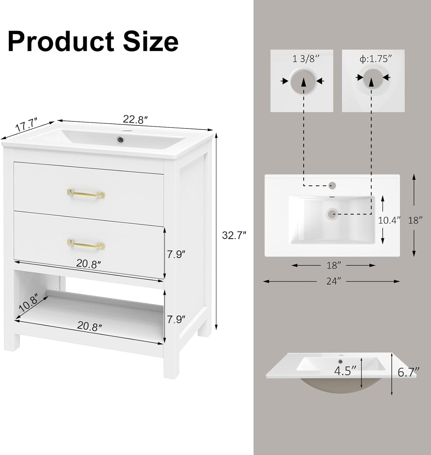 EVOKEDEN 24” Bathroom Vanity with Sink, Modern Bathroom Cabinet Set with LED Light for Small Space, 2 Soft-Close Drawers with Organizer, White