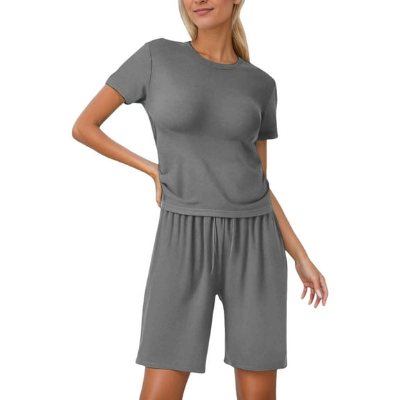 Short Sets For Women 2 Piece Outfits Casual Short Sleeve Crew Neck T Shirts Top And Drawstring Shorts Summer Set