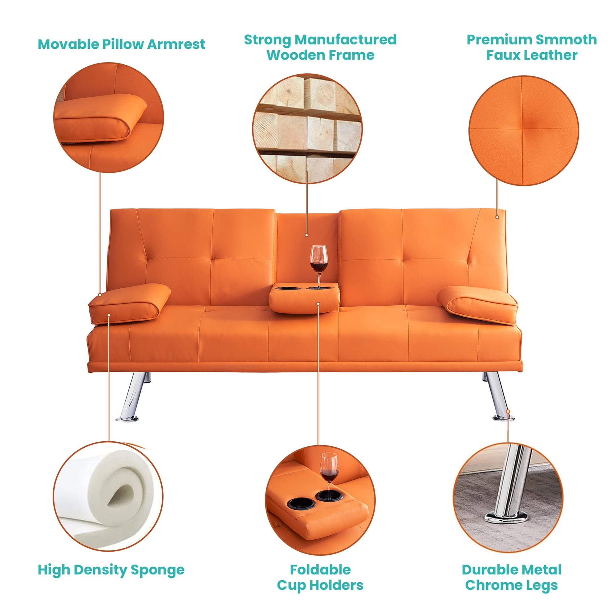 Aukfa Convertible Futon Sofa Bed with Cupholder&Pillow for Home Office Twin Size, Leather, Orange