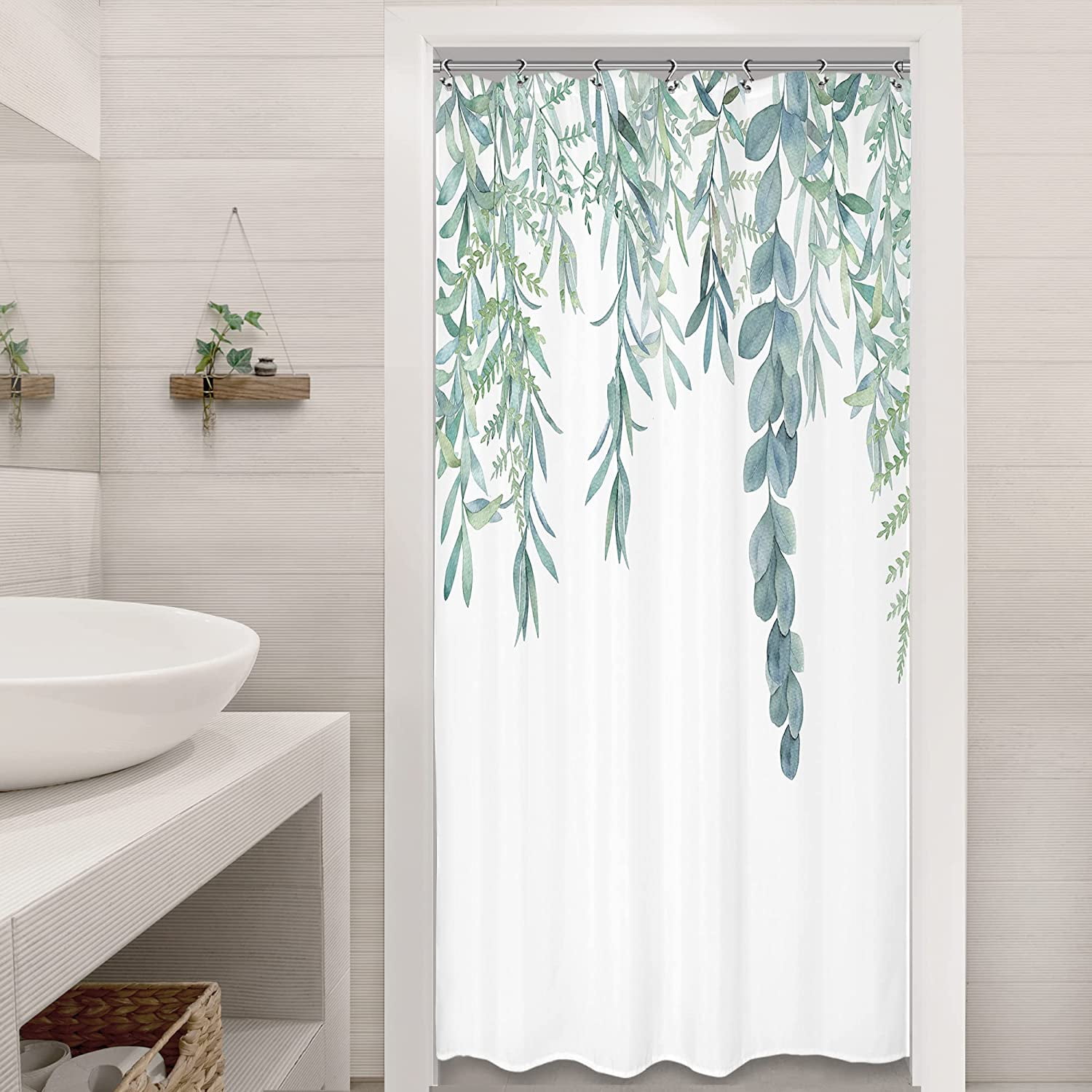 Watercolor Green Leaves Shower Curtain Nature Plants Bathroom Accessories Set 