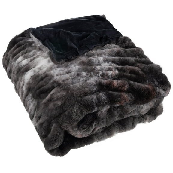 Lavish Home 60x80 Ruched Jacquard Faux Fur Blanket for Sofa and Bed, Black