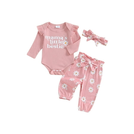 

Baby Girl Fall Outfit Long Sleeve Romper Daisy Pants Headband Set