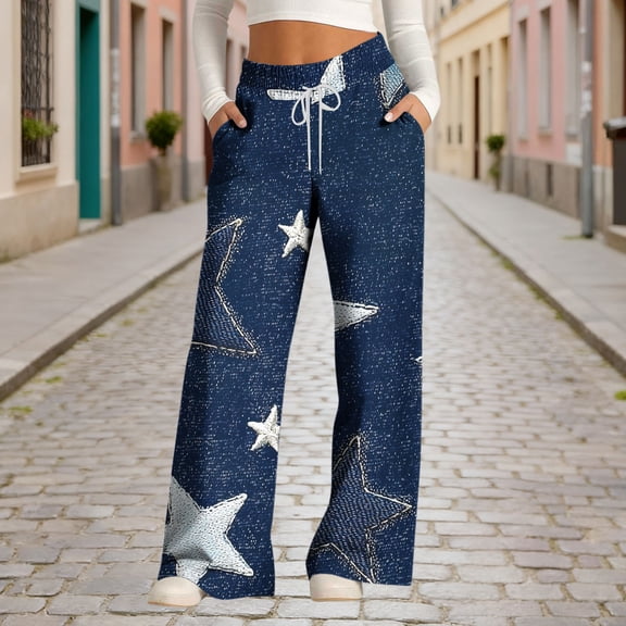 TaTaai Women Denim Print Drawstring Wide Leg Pants Fashion Loose Casual with Pockets All Season Soft Fabric Daily Street Photography Wear Gift