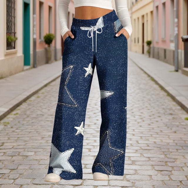 TaTaai Women Denim Print Drawstring Wide Leg Pants Fashion Loose Casual with Pockets All Season Soft Fabric Daily Street Photography Wear Gift