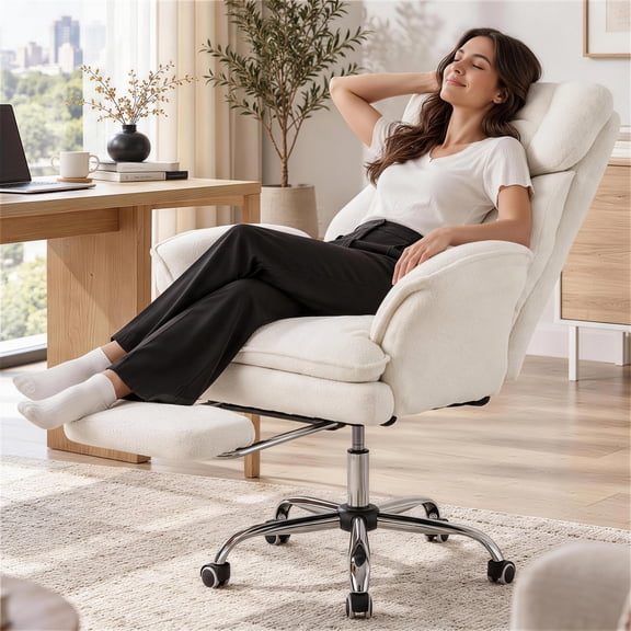 Dateyes Teddy Fleece High Back Executive Office Chair with Retractable Footrest, Adjustable Reclining Swivel Desk Chair for Home Office, White