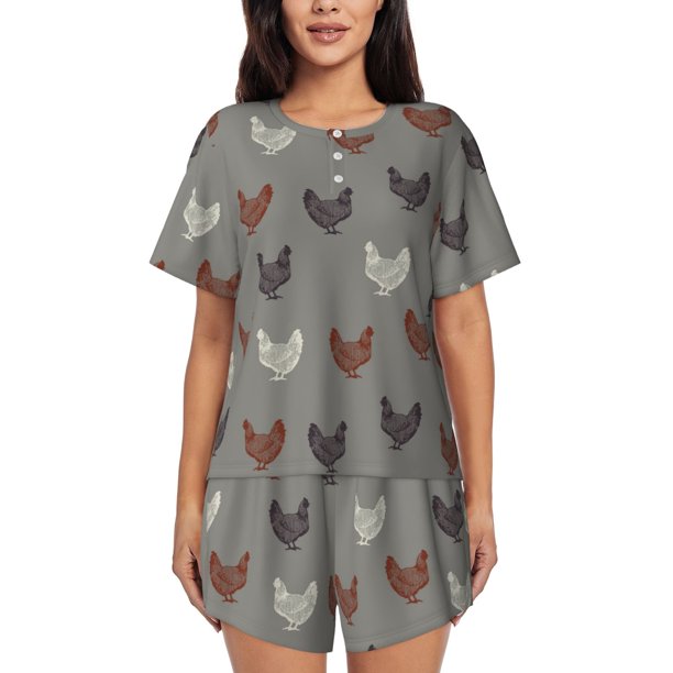Fotbe Rooster Conjunto de Pijama Estampado para Mujer, 2 Piezas, Ropa de Dormir con Camiseta de Manga Corta y Shorts Suaves-Large