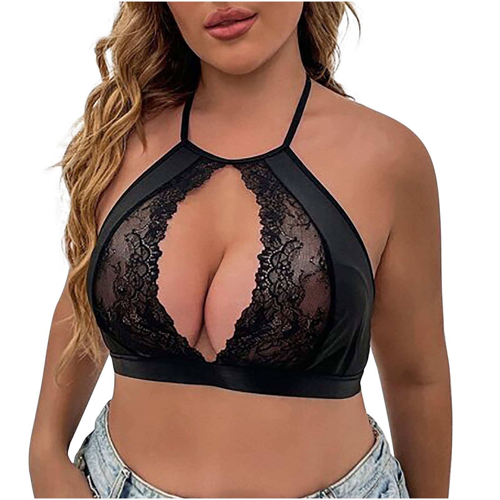 YYDGH Women's Sheer Lace Bralette Halter High Neck Racerback Wireless Sexy  See Through Bra Hollow Out Backless Buster Top Black XL