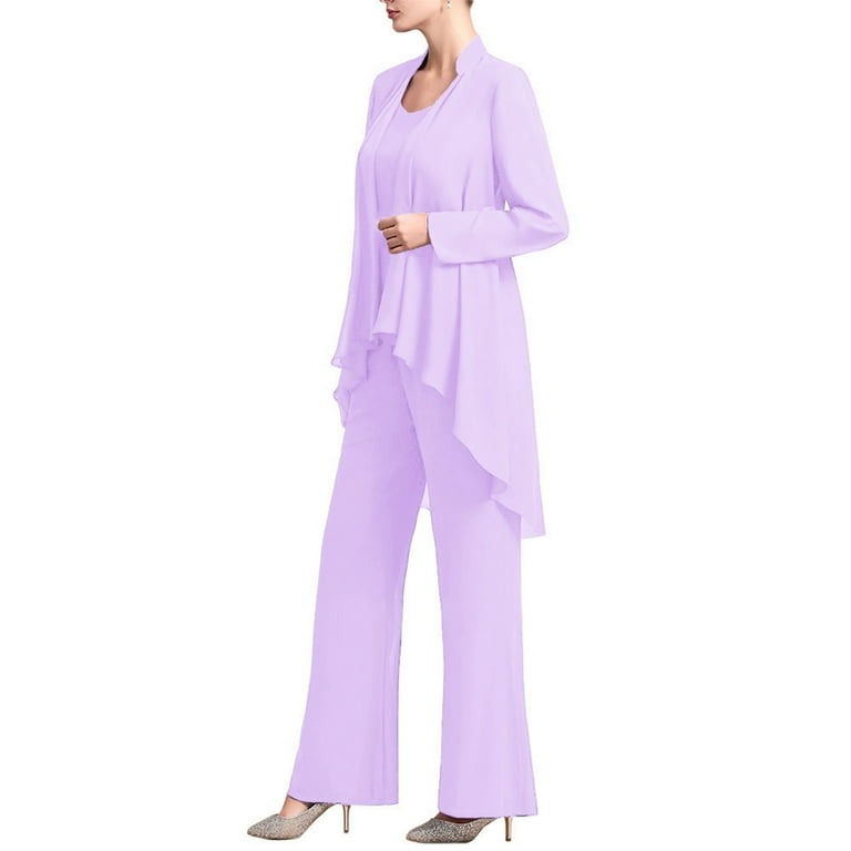 DPOIS Elegant Chiffon Formal Evening Party Suit Mother of the Bride Pantsuits  Lavender L 